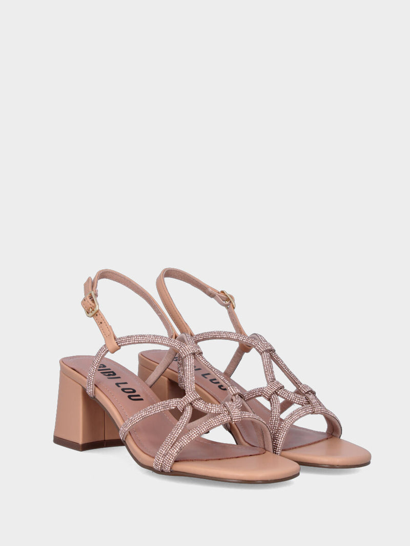 Sandalo in nappa nude con listini tubolari e mini cristalli