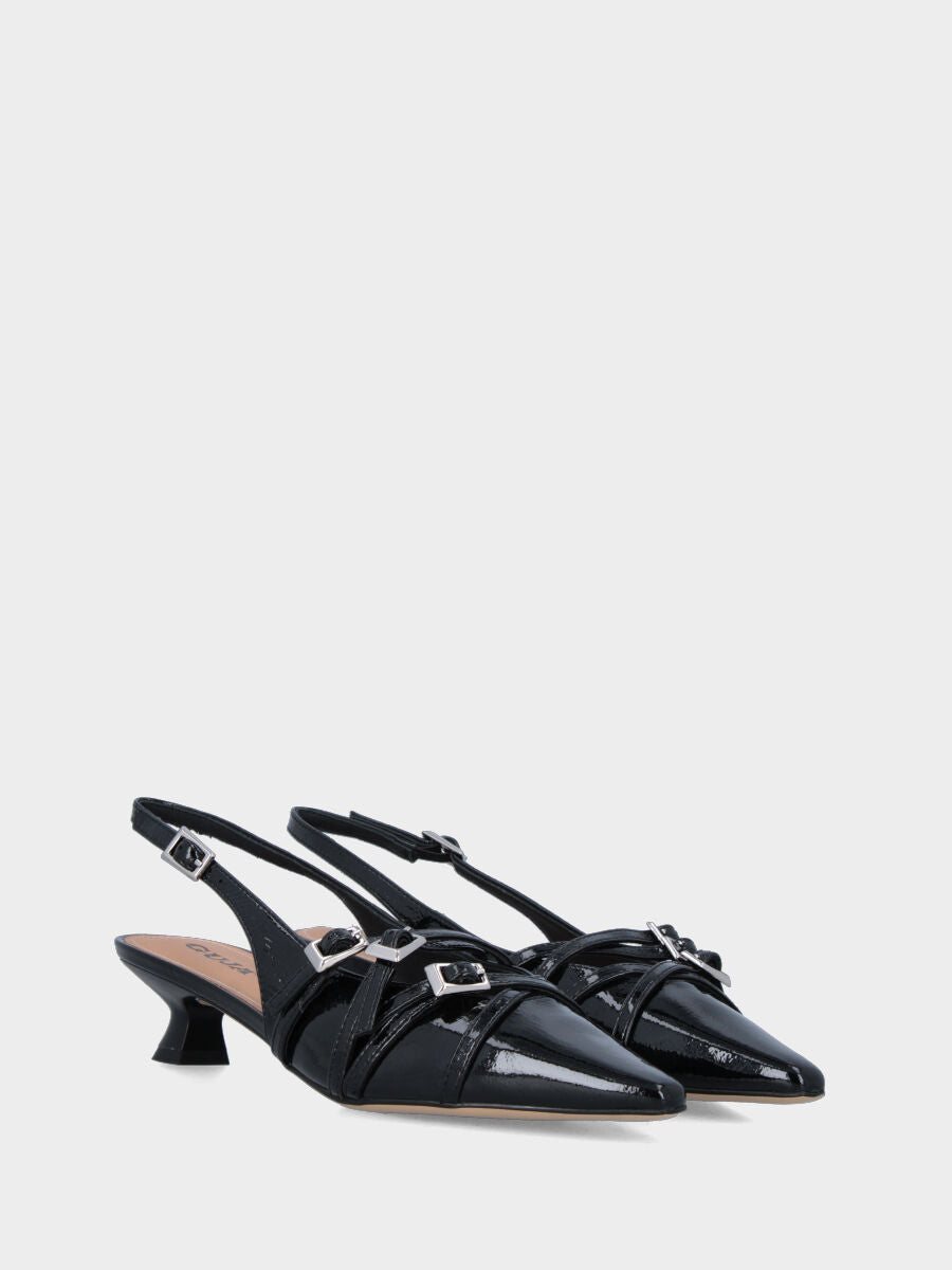 Slingback in naplak nero con tre cinturini e tacco a rocchetto