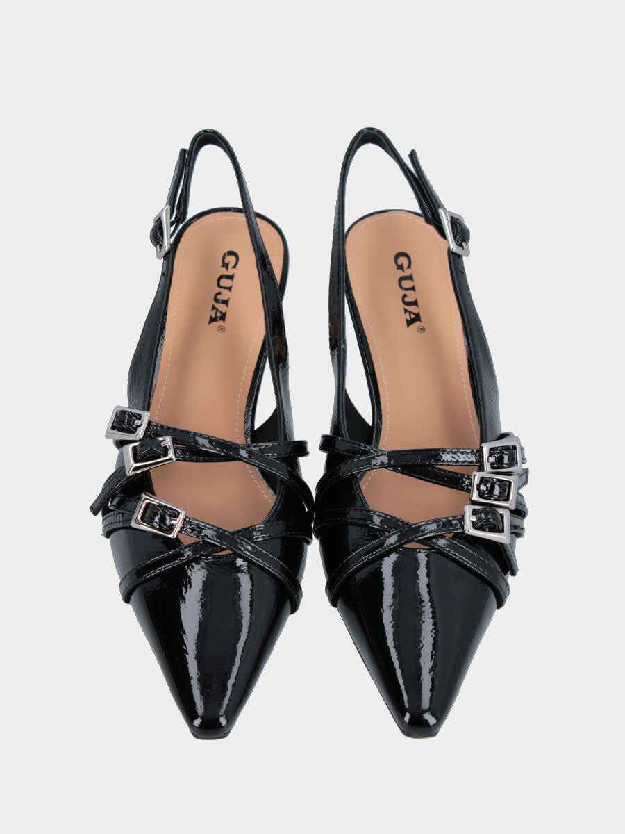 Slingback in naplak nero con tre cinturini e tacco a rocchetto