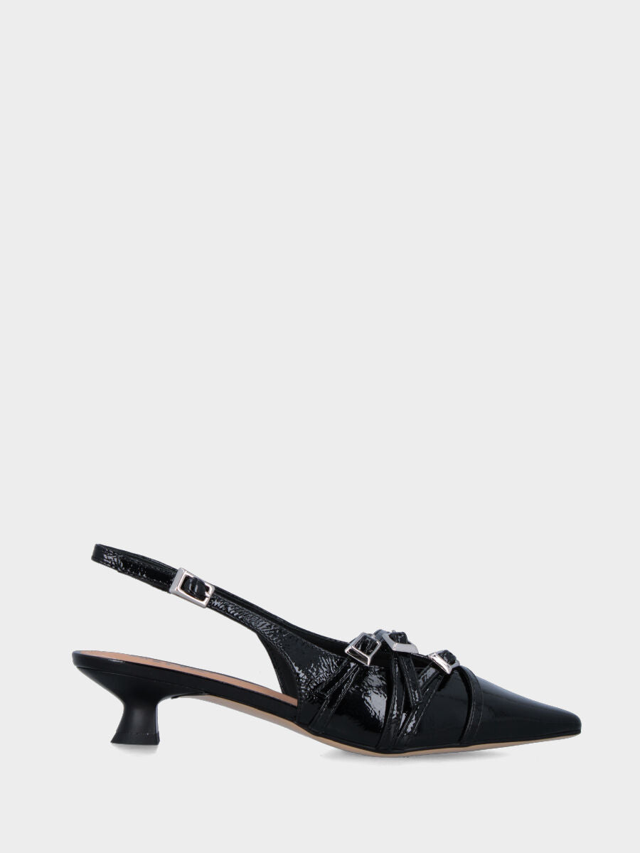 Slingback in naplak nero con tre cinturini e tacco a rocchetto