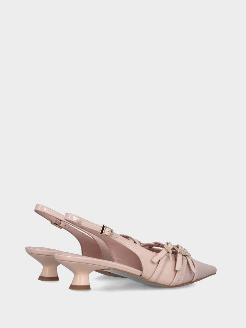 Slingback in naplak cipria con tre cinturini e tacco a rocchetto