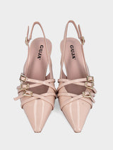 Slingback in naplak cipria con tre cinturini e tacco a rocchetto