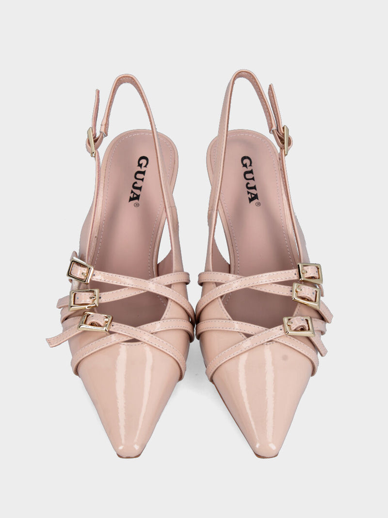 Slingback in naplak cipria con tre cinturini e tacco a rocchetto