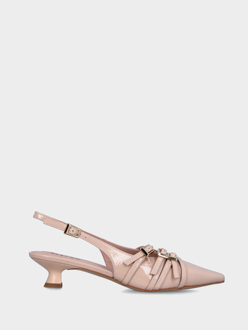 Slingback in naplak cipria con tre cinturini e tacco a rocchetto