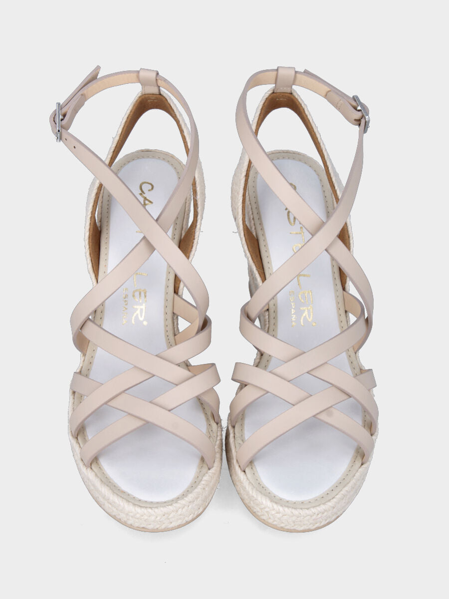 Sandalo con zeppa in corda beige, fascette incrociate in pelle