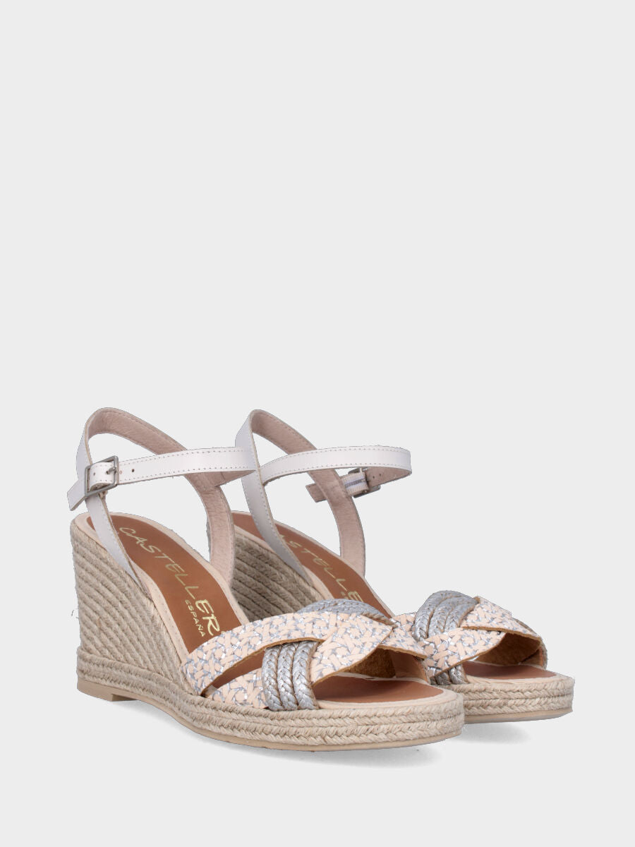 Sandalo in corda multicolor con zeppa e fascette incrociate ondulate