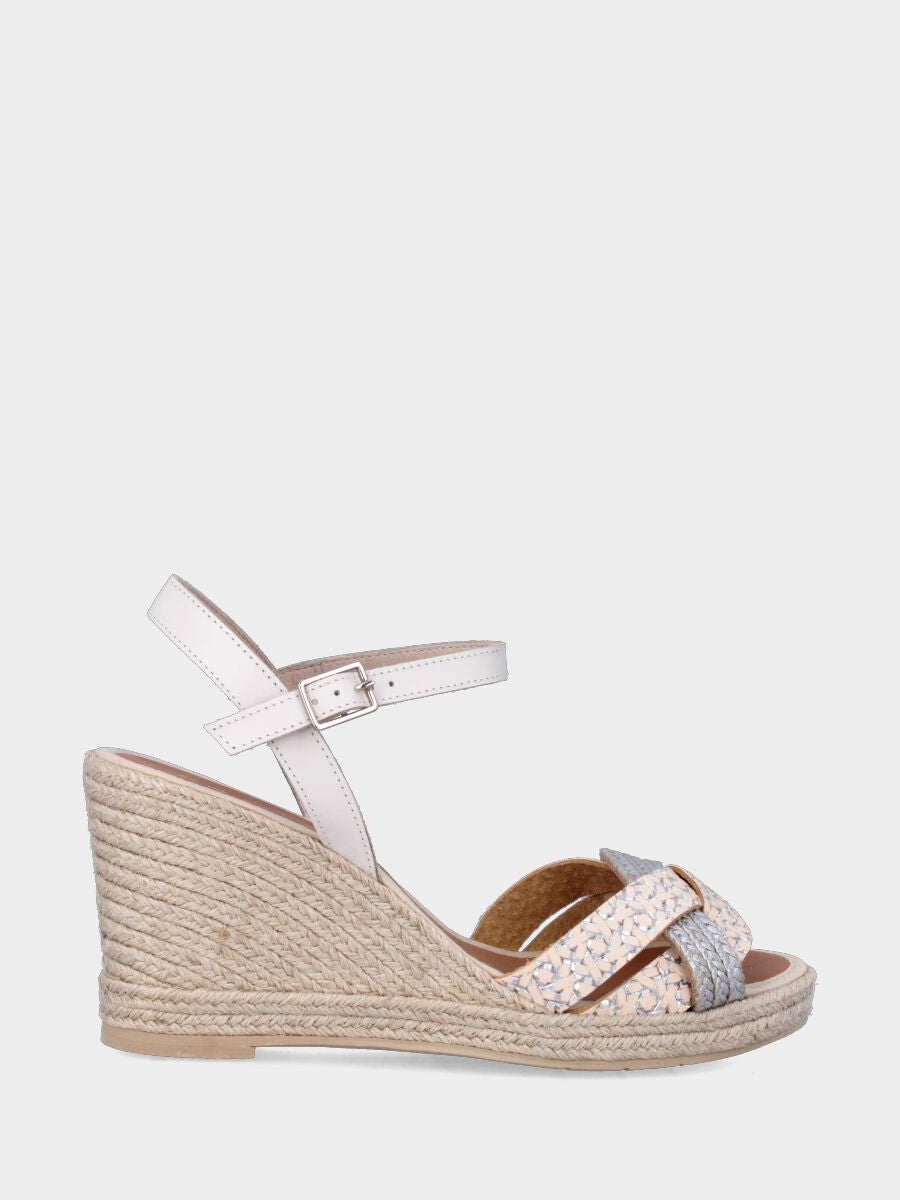 Sandalo in corda multicolor con zeppa e fascette incrociate ondulate