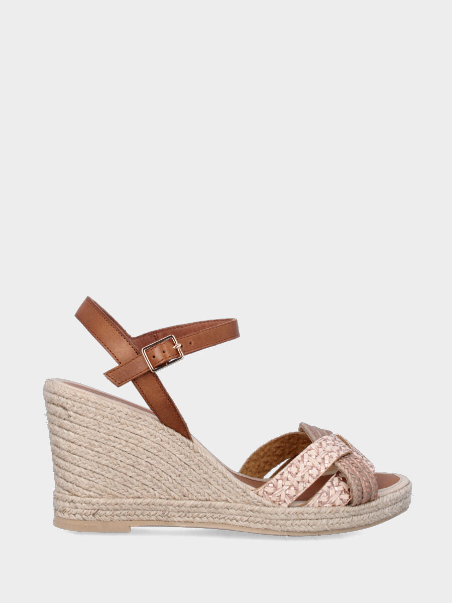 Sandalo in corda multicolor con zeppa e fascette incrociate ondulate
