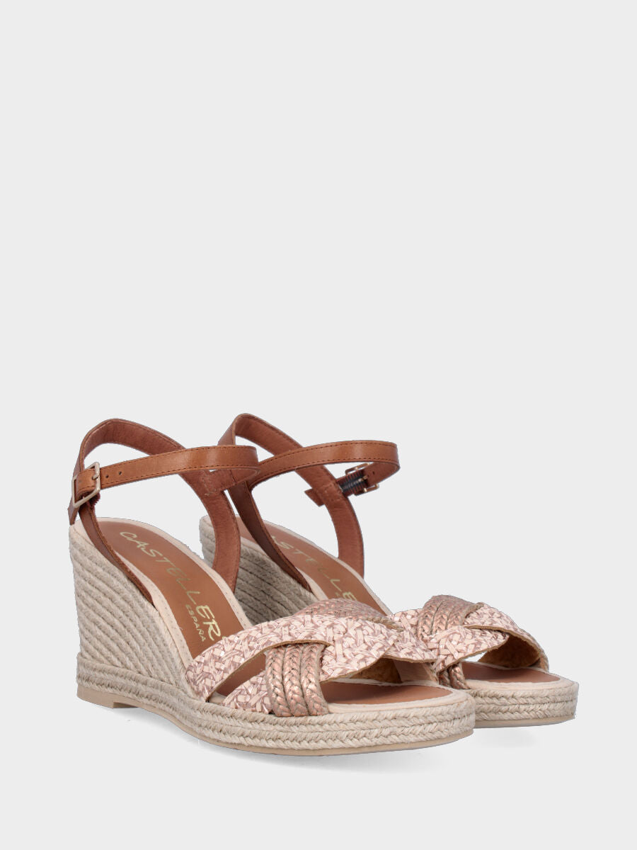 Sandalo in corda multicolor con zeppa e fascette incrociate ondulate