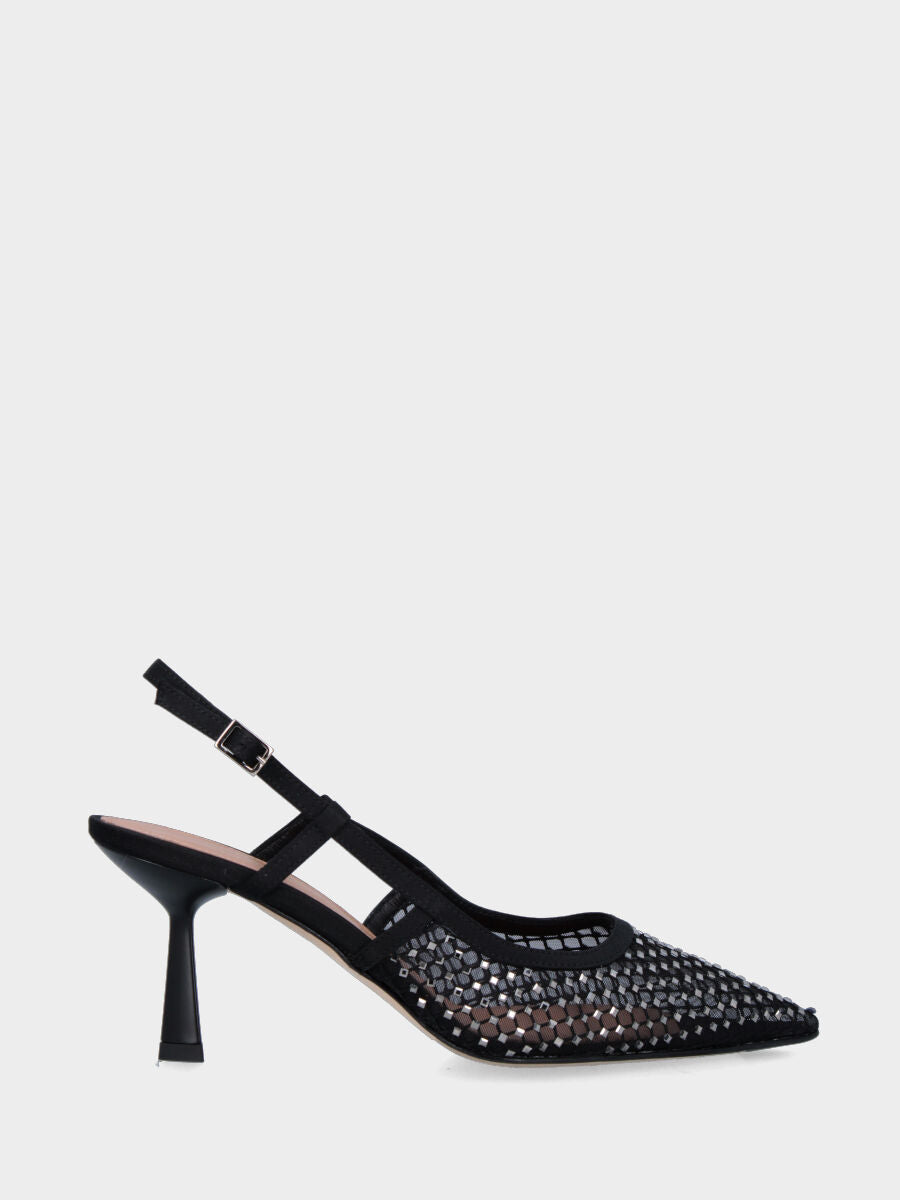 Slingback in retina nera e cristalli con tacco a calice