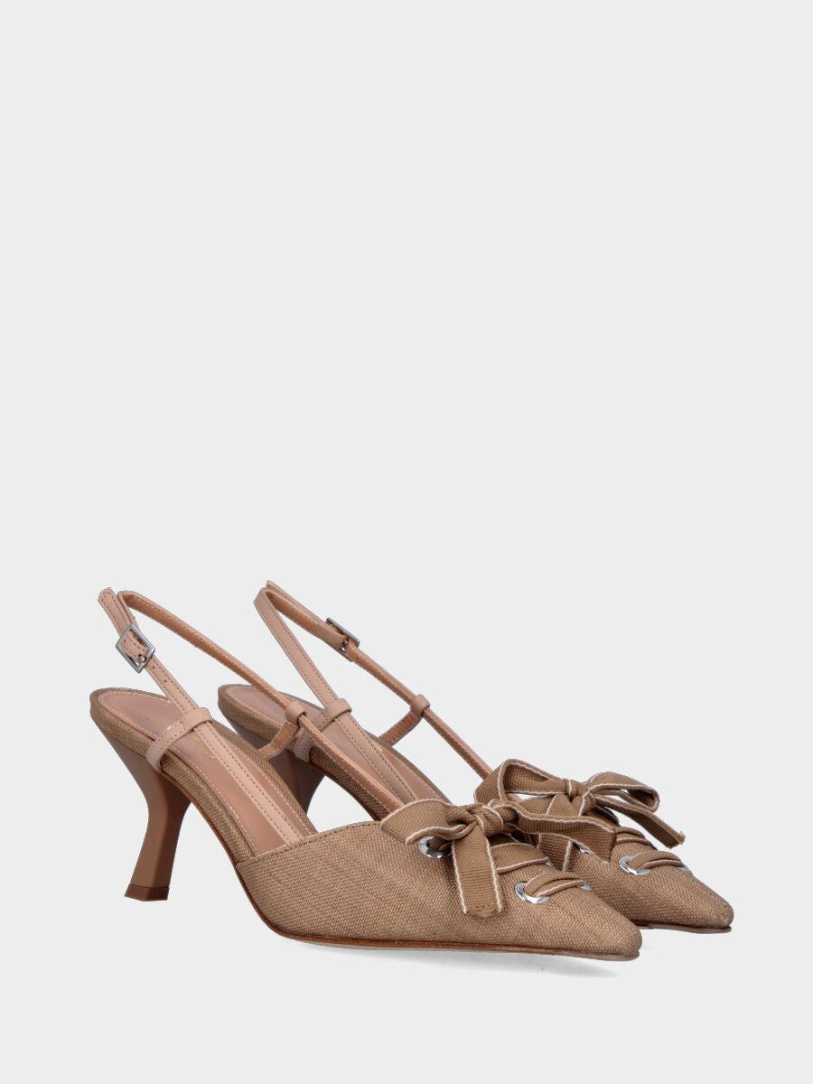 Slingback in tessuto beige con nastro e tacco a calice