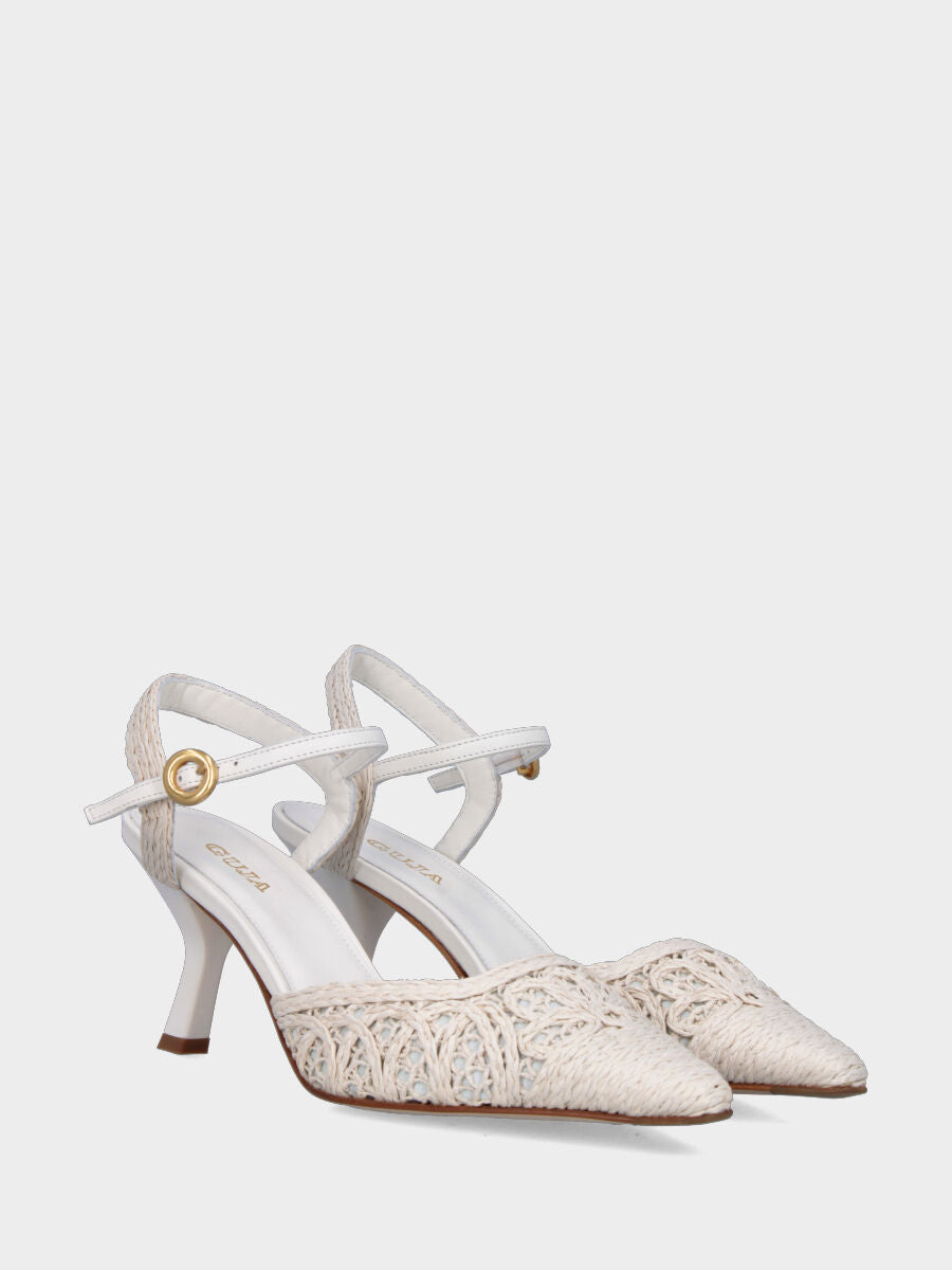 Slingback in nappa bianco latte con tomaia intrecciata a merletto