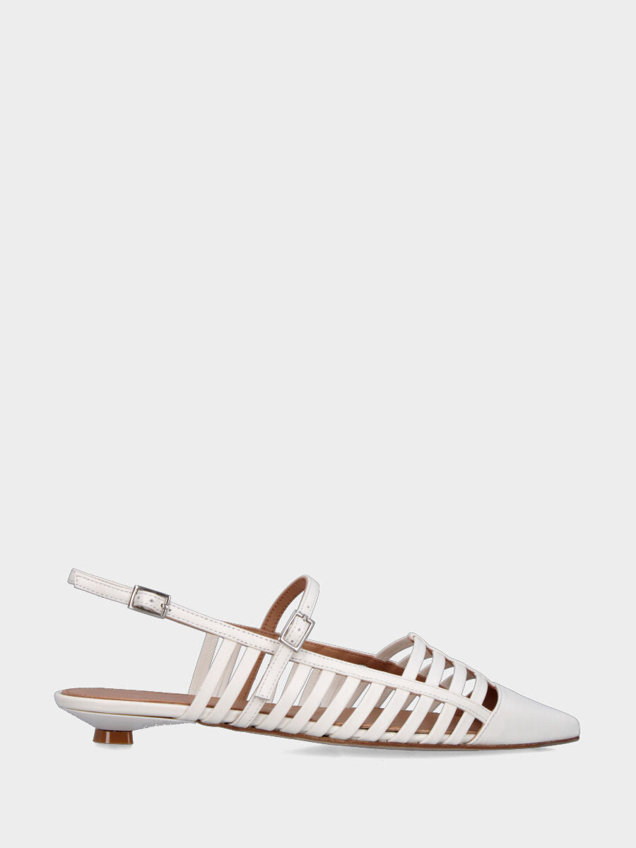 Slingback in milk white nappa leather with perforated straps and block heel