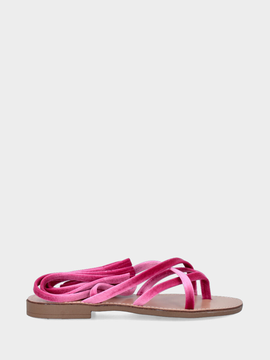 Sandalo infradito in velluto fucsia con listini avvolgenti