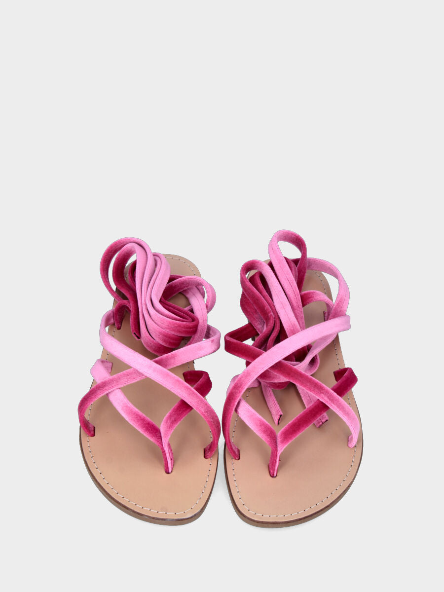 Sandalo infradito in velluto fucsia con listini avvolgenti