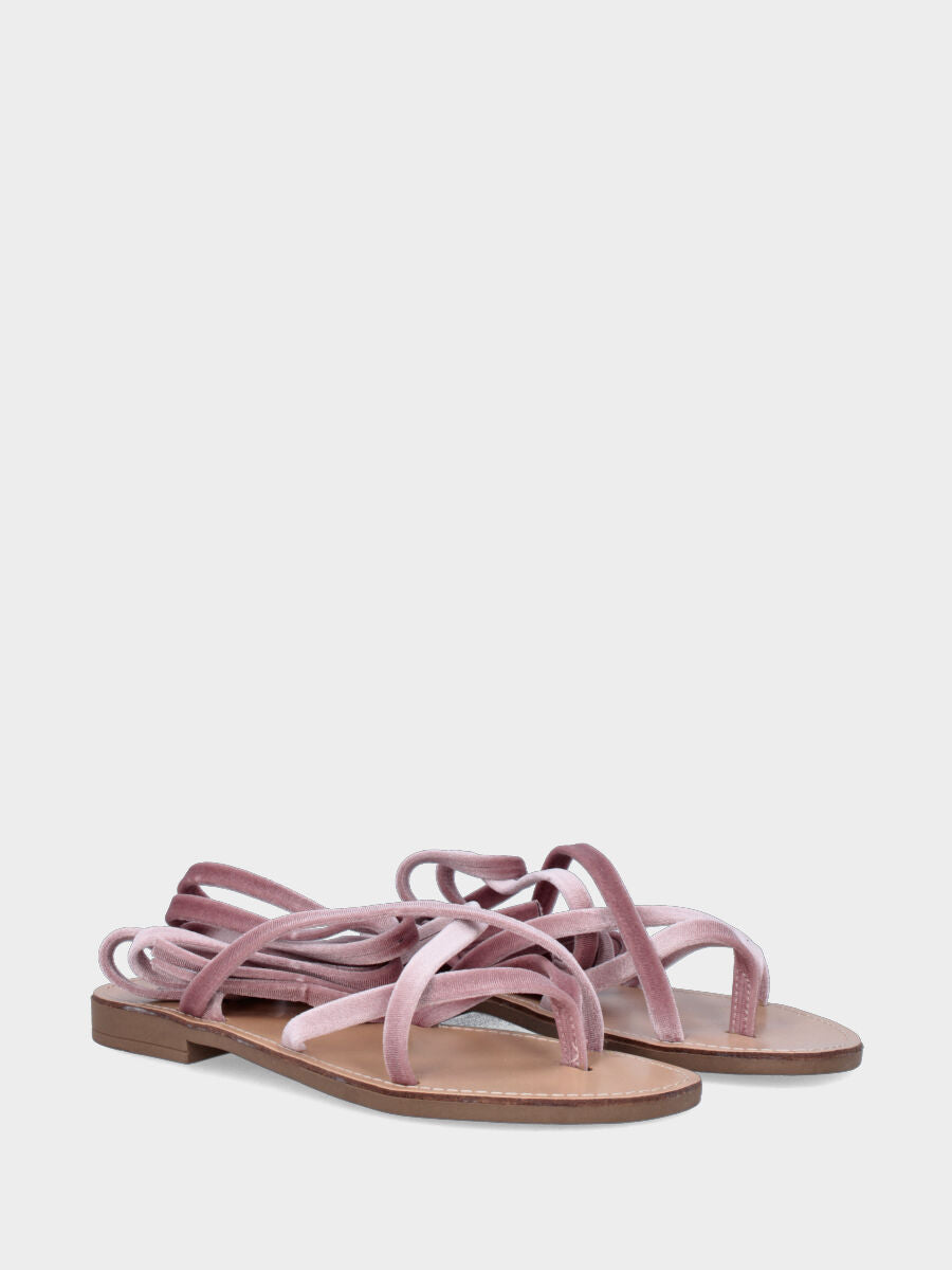 Sandalo infradito in velluto rosa con listini avvolgenti