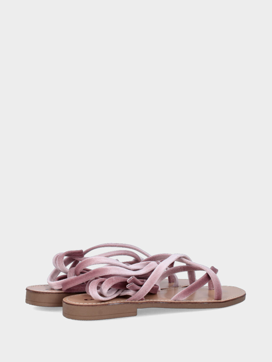 Sandalo infradito in velluto rosa con listini avvolgenti