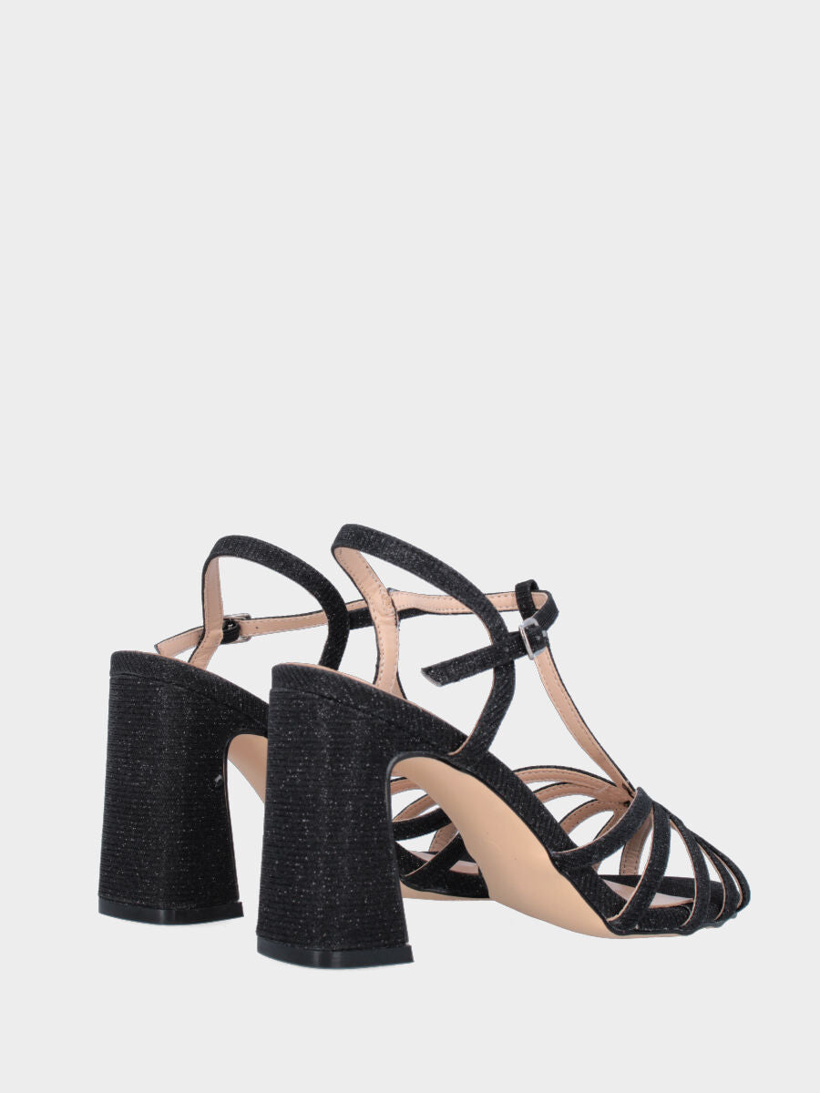Sandalo in lurex nero con fascette arcuate e tacco a coda