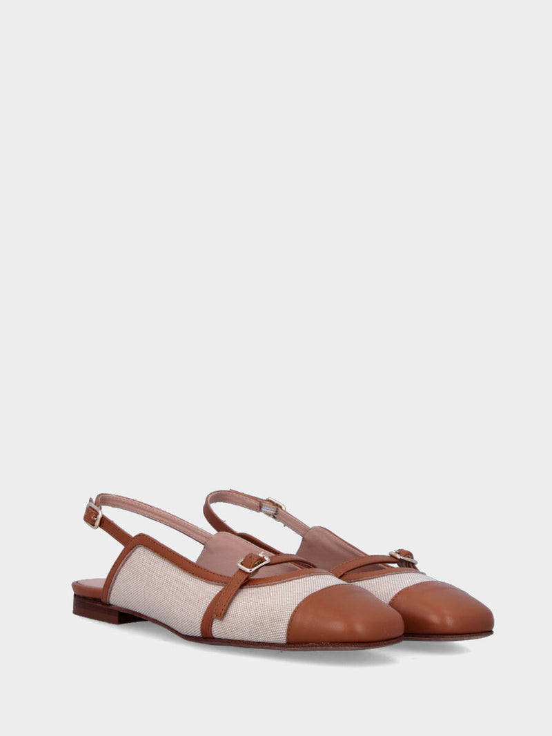 Slingback bicolore in tessuto beige con dettagli in pelle color cuoio