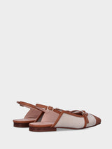Slingback bicolore in tessuto beige con dettagli in pelle color cuoio