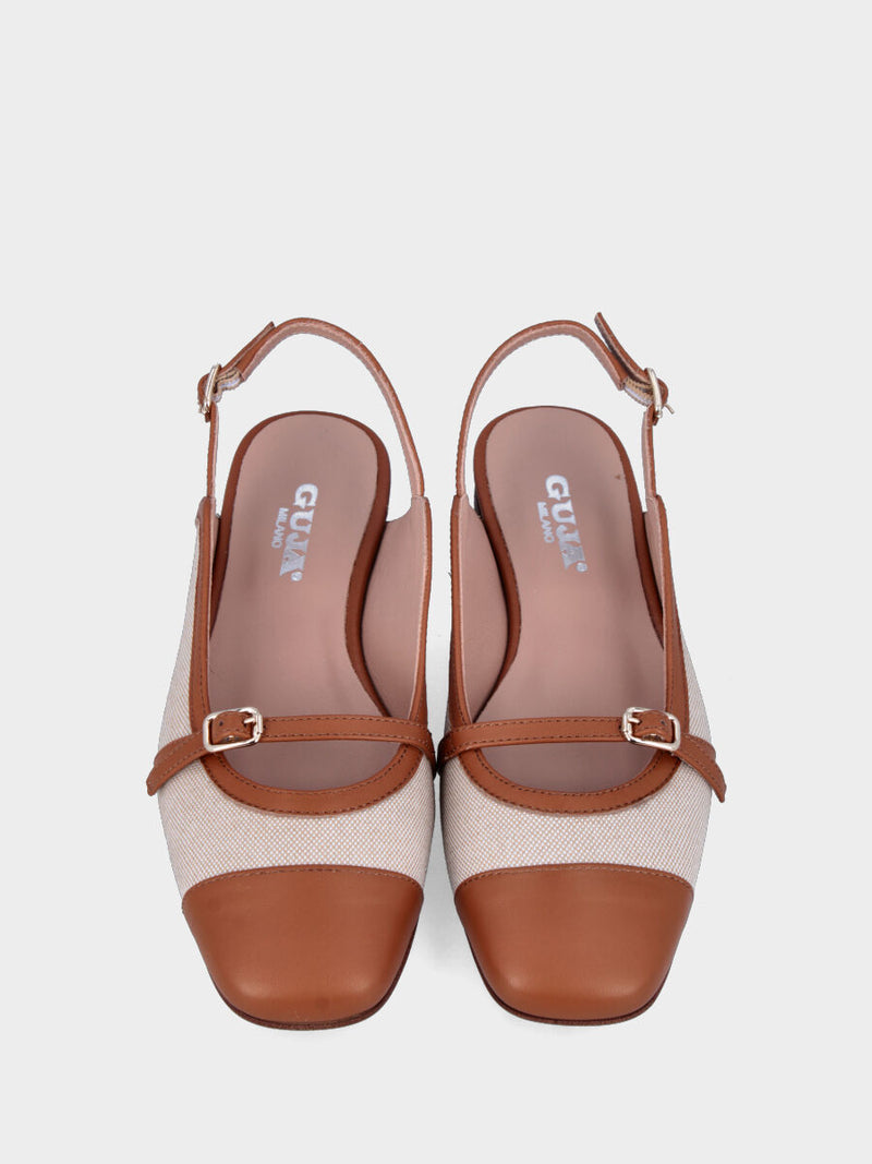 Slingback bicolore in tessuto beige con dettagli in pelle color cuoio