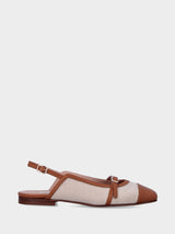 Slingback bicolore in tessuto beige con dettagli in pelle color cuoio