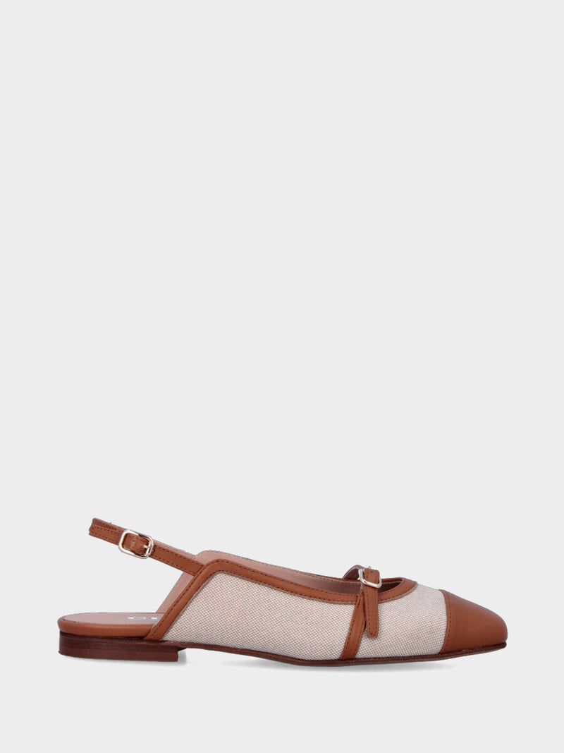 Slingback bicolore in tessuto beige con dettagli in pelle color cuoio