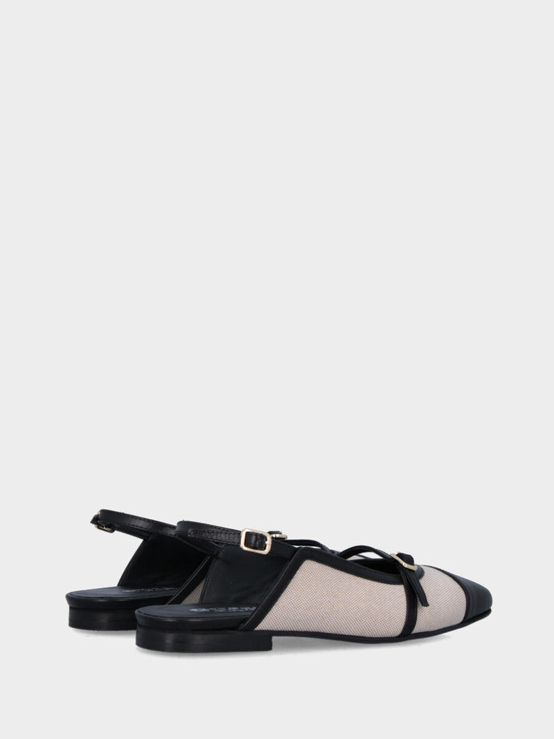 Slingback bicolore in tessuto beige con dettagli in pelle nera