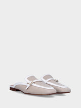 Sabot bicolore in tessuto beige con profili in pelle bianca