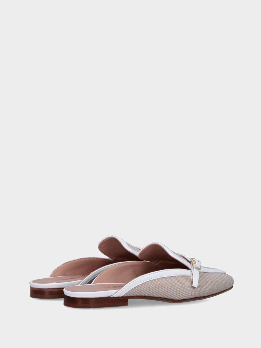 Sabot bicolore in tessuto beige con profili in pelle bianca