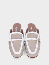 Sabot bicolore in tessuto beige con profili in pelle bianca