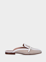 Sabot bicolore in tessuto beige con profili in pelle bianca
