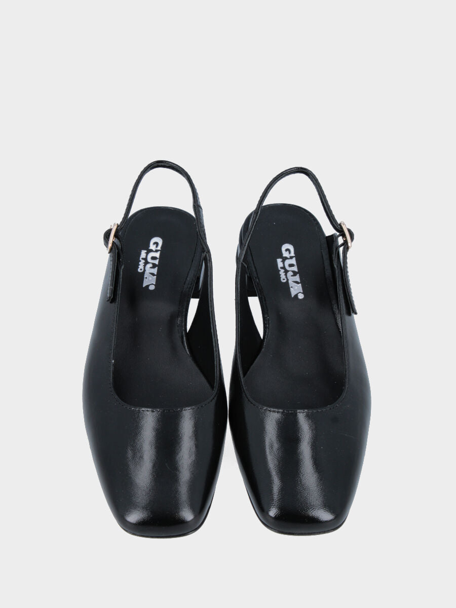 Slingback in verlux nero con tacco 10 mm e punta quadrata stondata