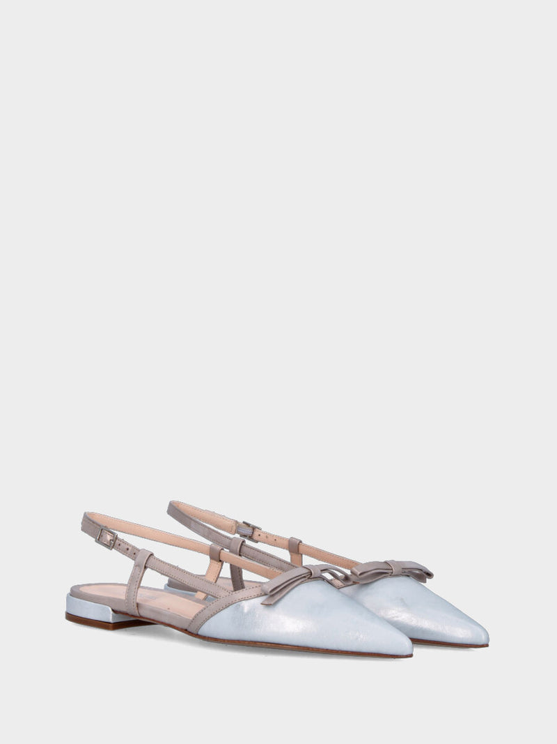 Slingback in laminato bicolore argento e bronzo con fiocchetto