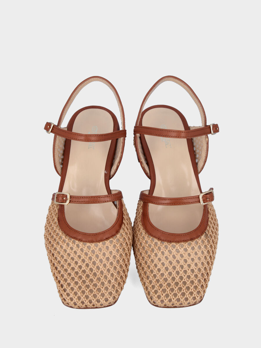Slingback mocassin en raphia beige avec contours sur la semelle intérieure