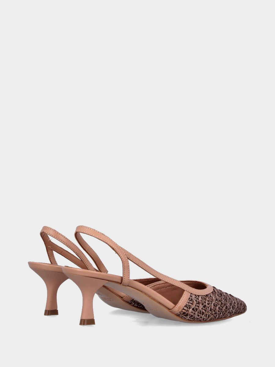 Slingback in rafia nude con cinturino intrecciato asimmetrico