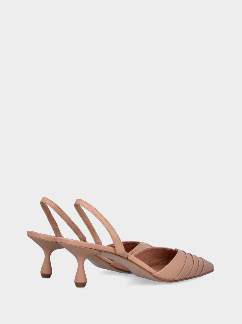 Slingback in nappa nude con ripiegature e tacco a calice smaltato