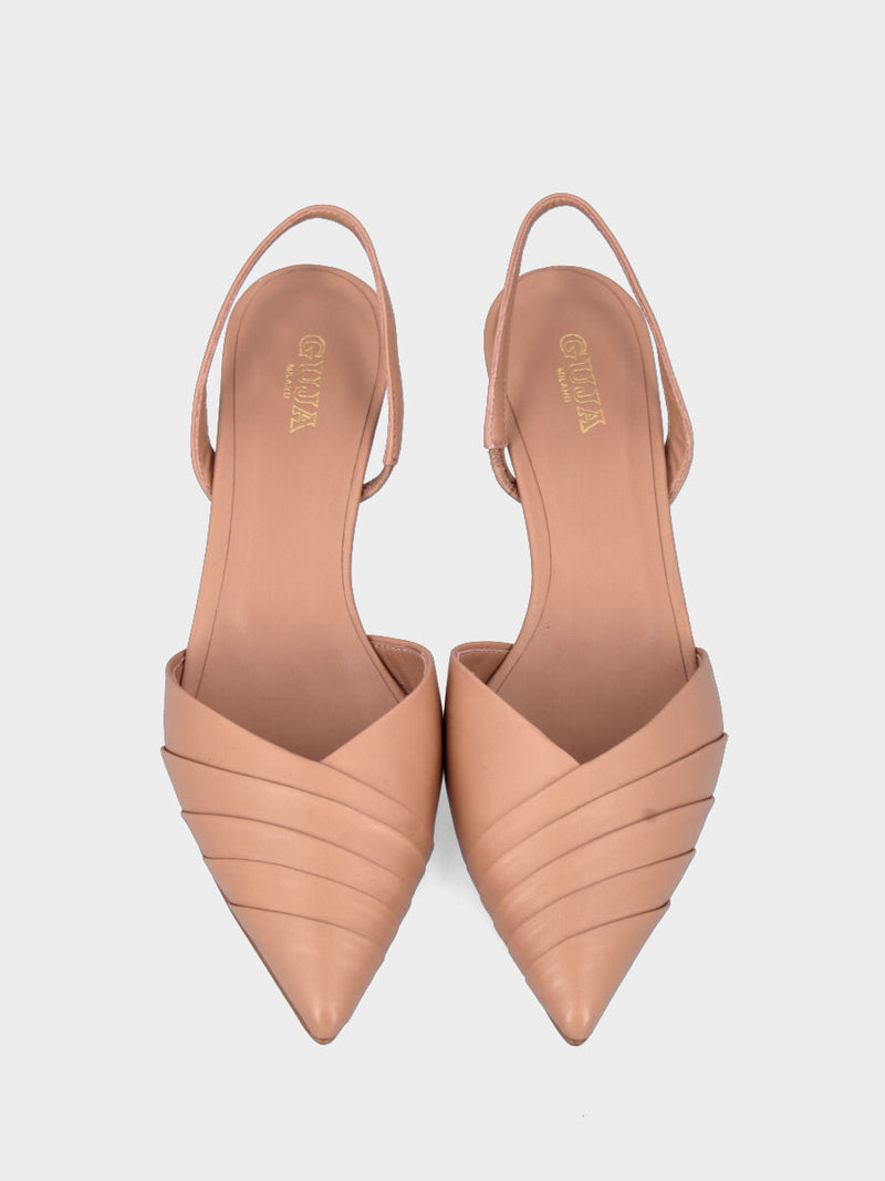 Slingback in nappa nude con ripiegature e tacco a calice smaltato
