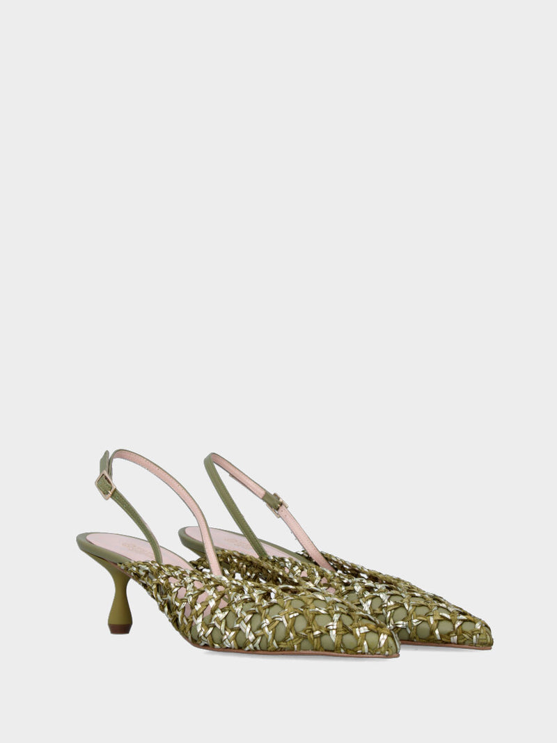 Slingback in rafia verde intrecciata e traforata con tacco a calice