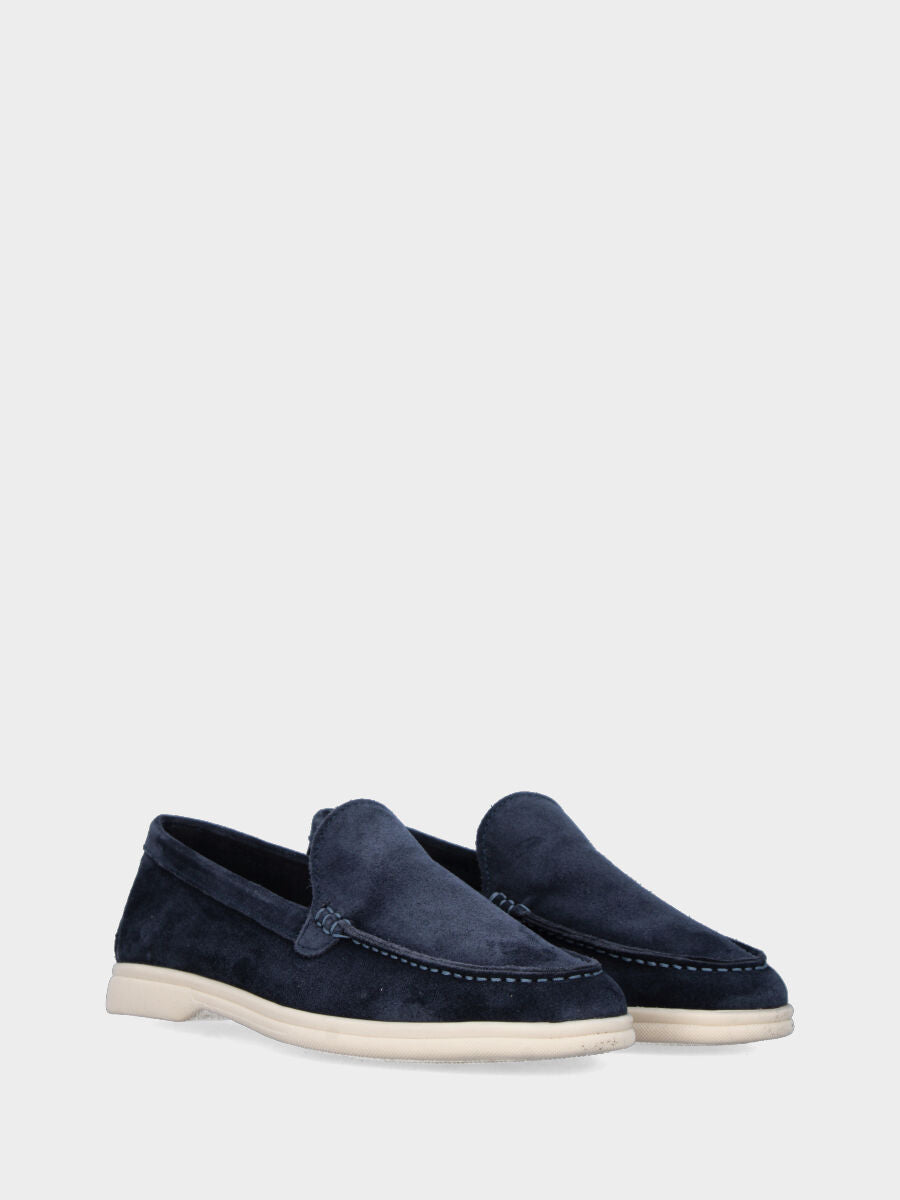 Blue suede moccasin with smooth toe box and Adler stitching