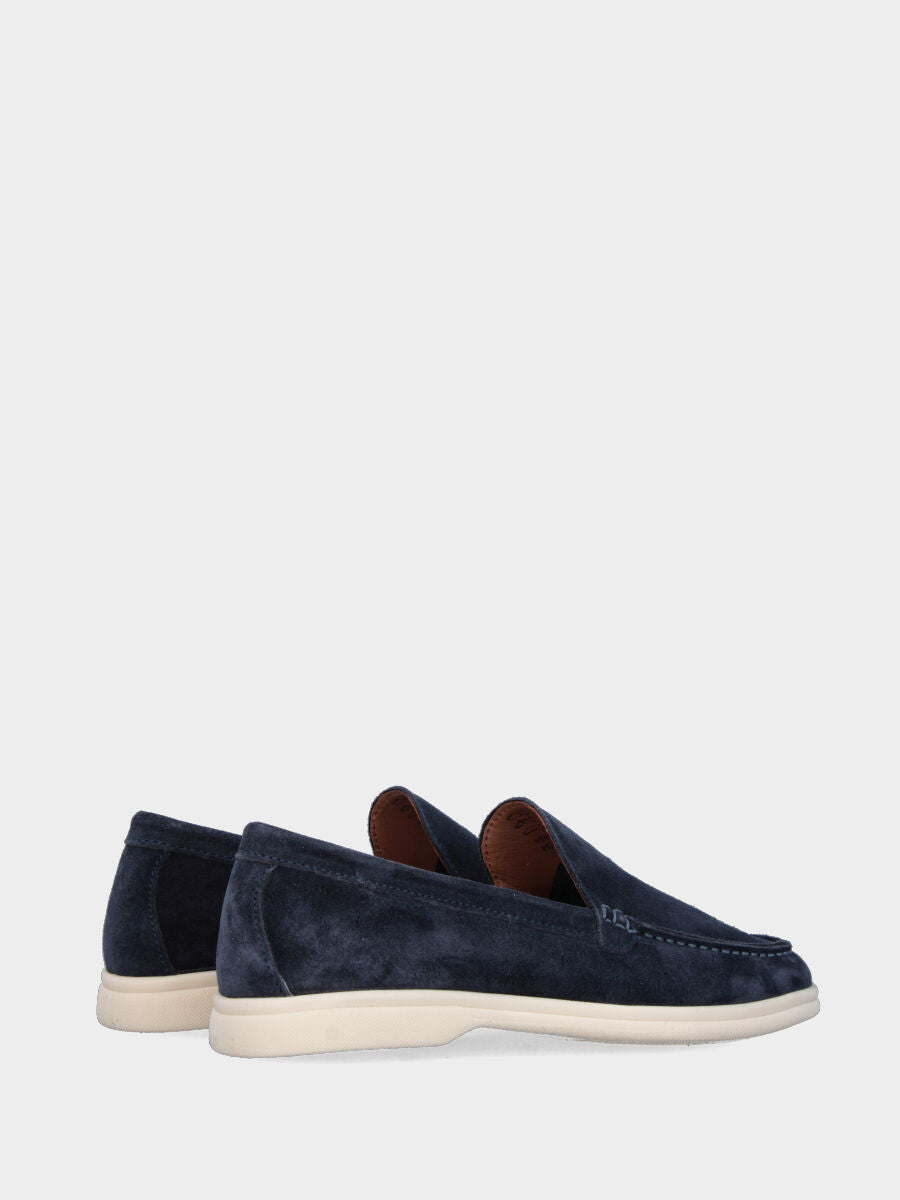 Blue suede moccasin with smooth toe box and Adler stitching