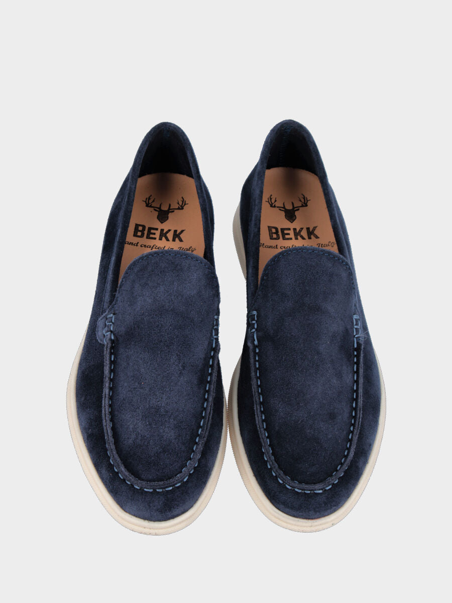 Blue suede moccasin with smooth toe box and Adler stitching