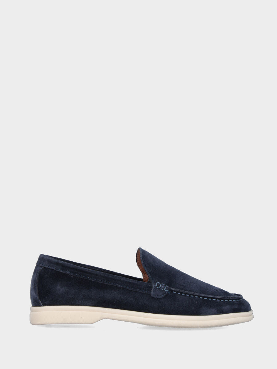 Blue suede moccasin with smooth toe box and Adler stitching