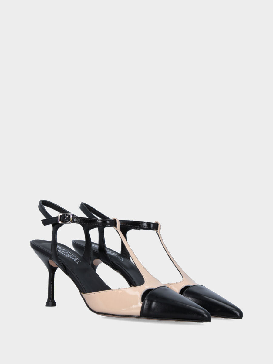 Slingback in vernice nera e beige con listino a T e tacco a calice