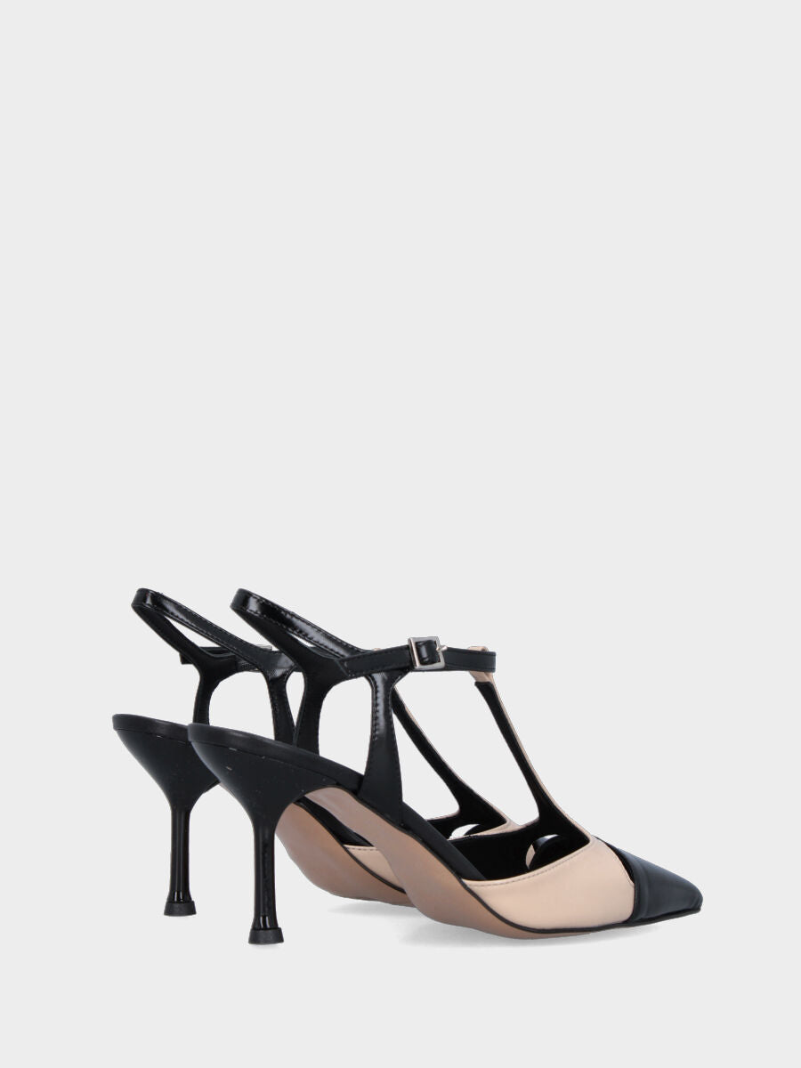Slingback in vernice nera e beige con listino a T e tacco a calice