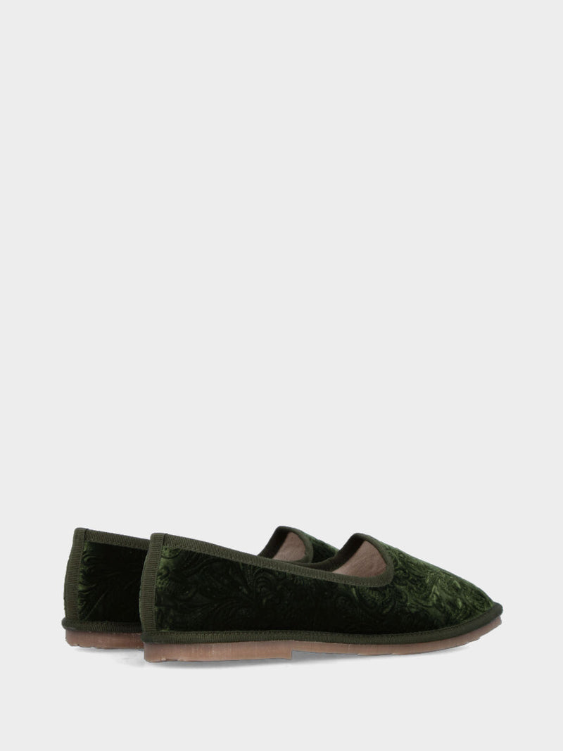 Friulana in velluto broccato verde muschio con punta tonda