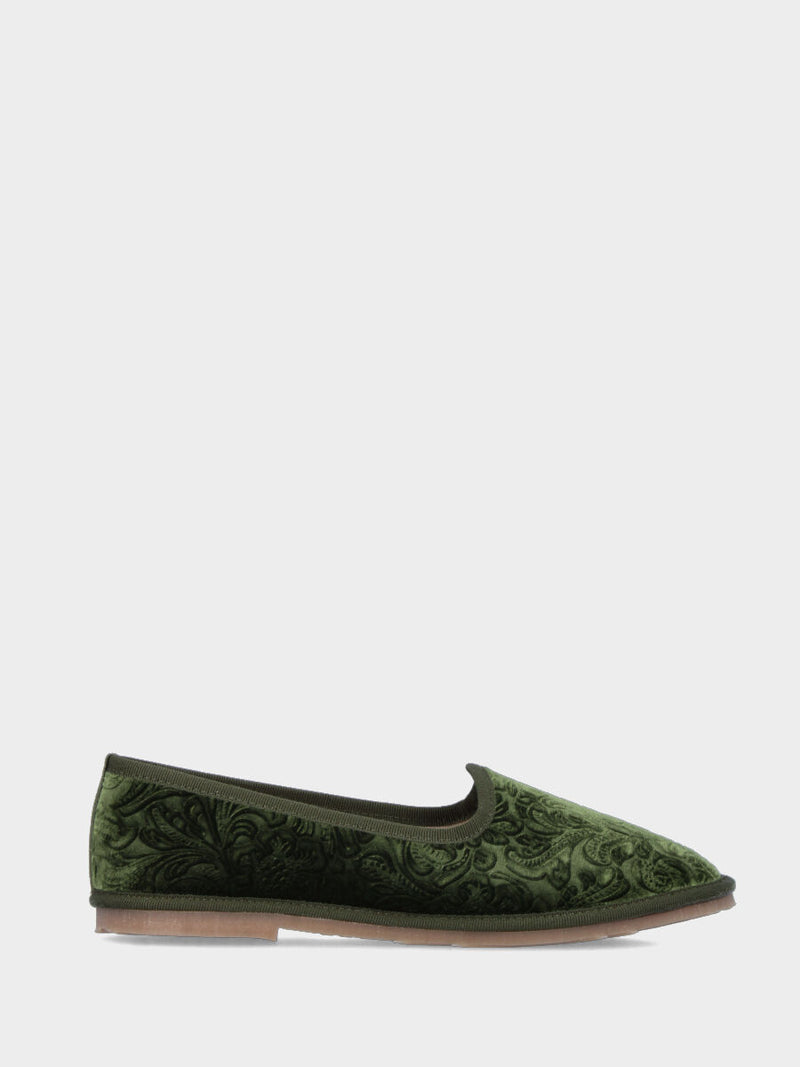 Friulana in velluto broccato verde muschio con punta tonda