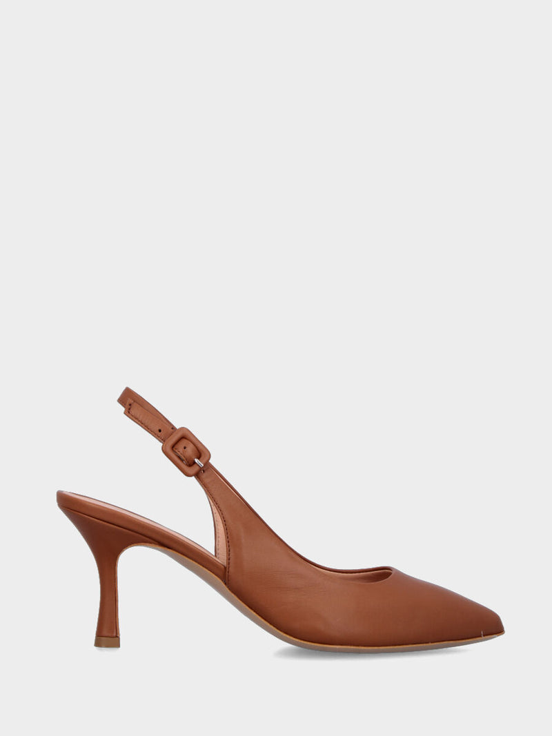 Slingback in nappa color cuoio con tomaia cucita e rivoltata