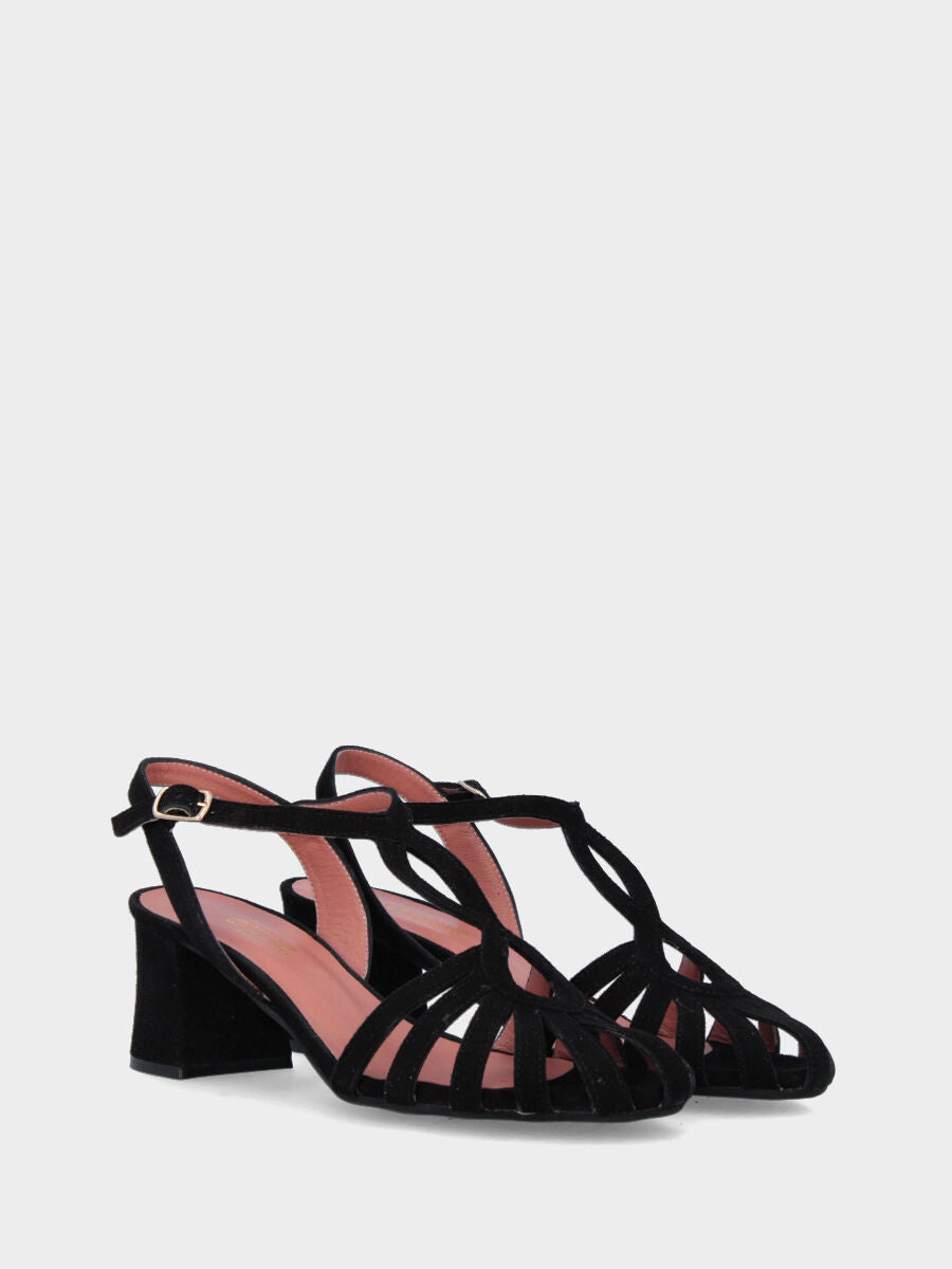 Black suede sandal with spider straps