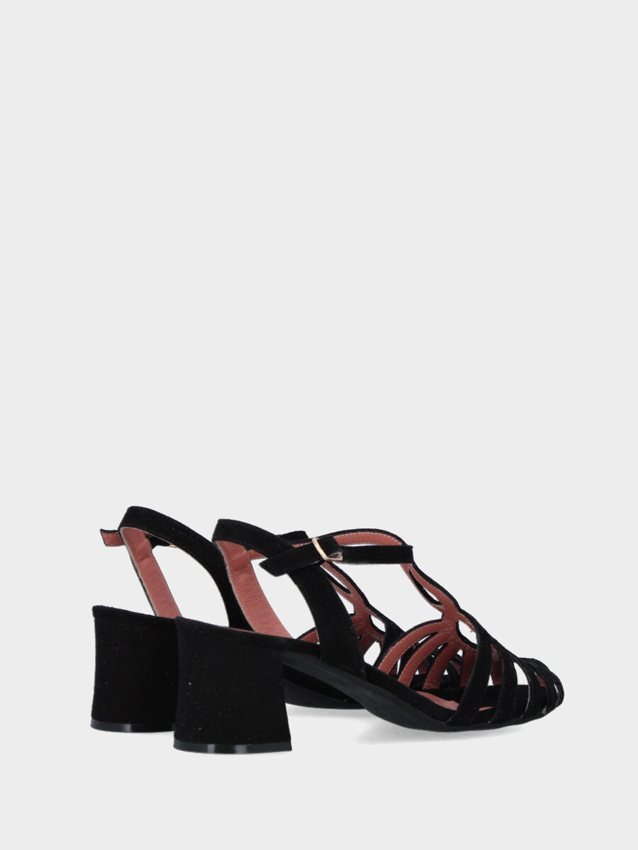 Black suede sandal with spider straps